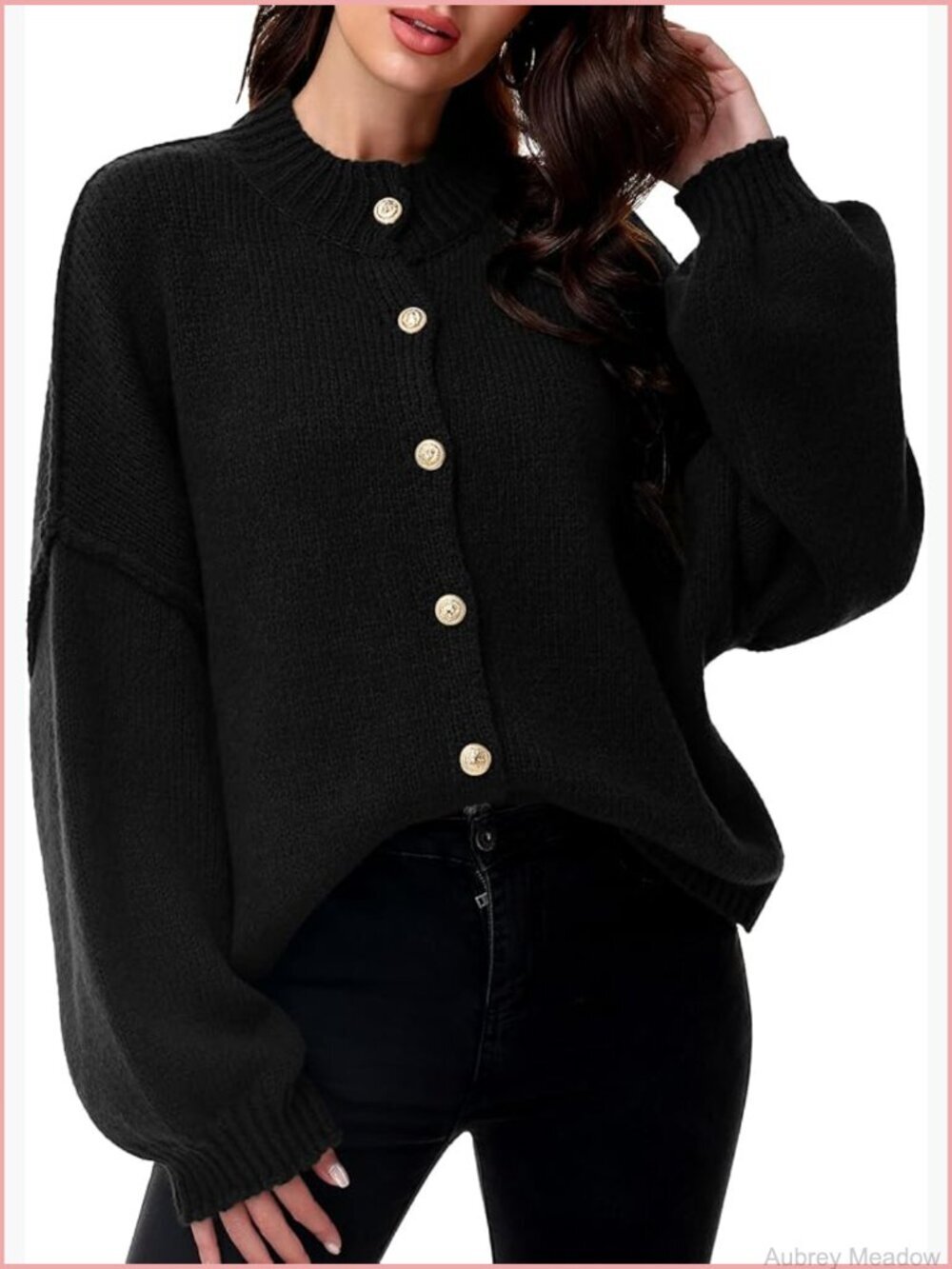 Chunky Knit Cardigan Mock Neck Lantern Sleeve Button Down Sweater